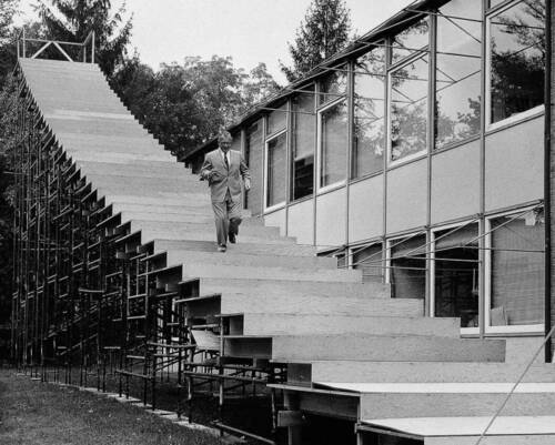 005 Eero Saarinen walking down the mock up stairs for the Saint Louis Gateway Arch Image by Balthazar Korab 1950s